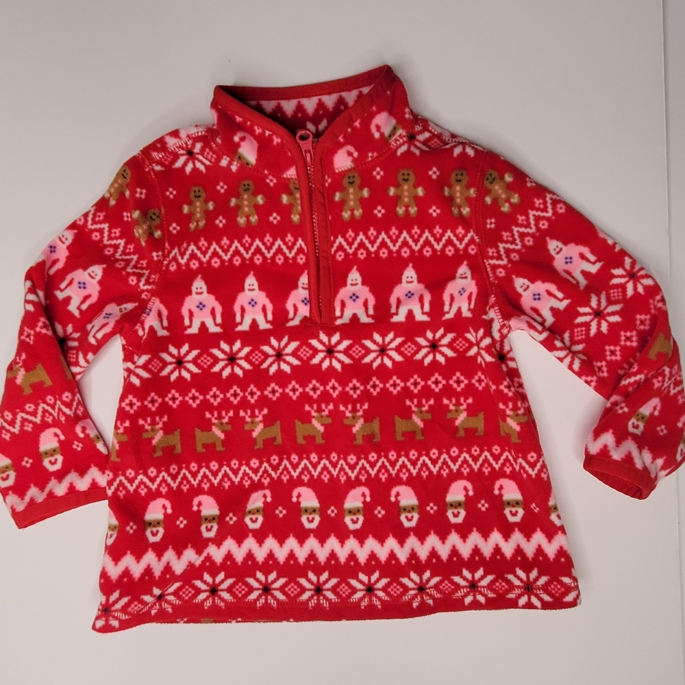 {Oshkosh B'gosh} Red & Pink Yeti Reindeer Santa Fleece Jacket Half Zip Hol…